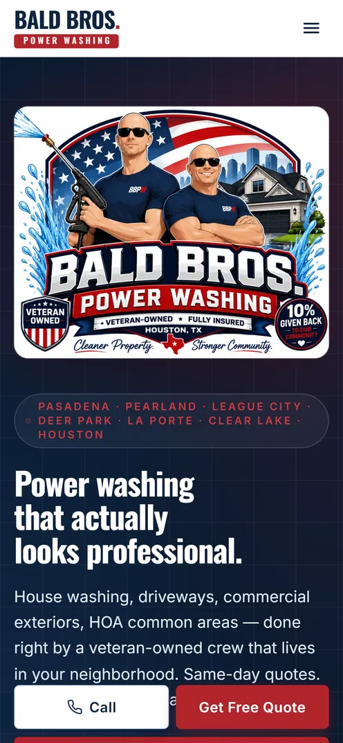 The Bald Bros Power Washing website shown on a phone